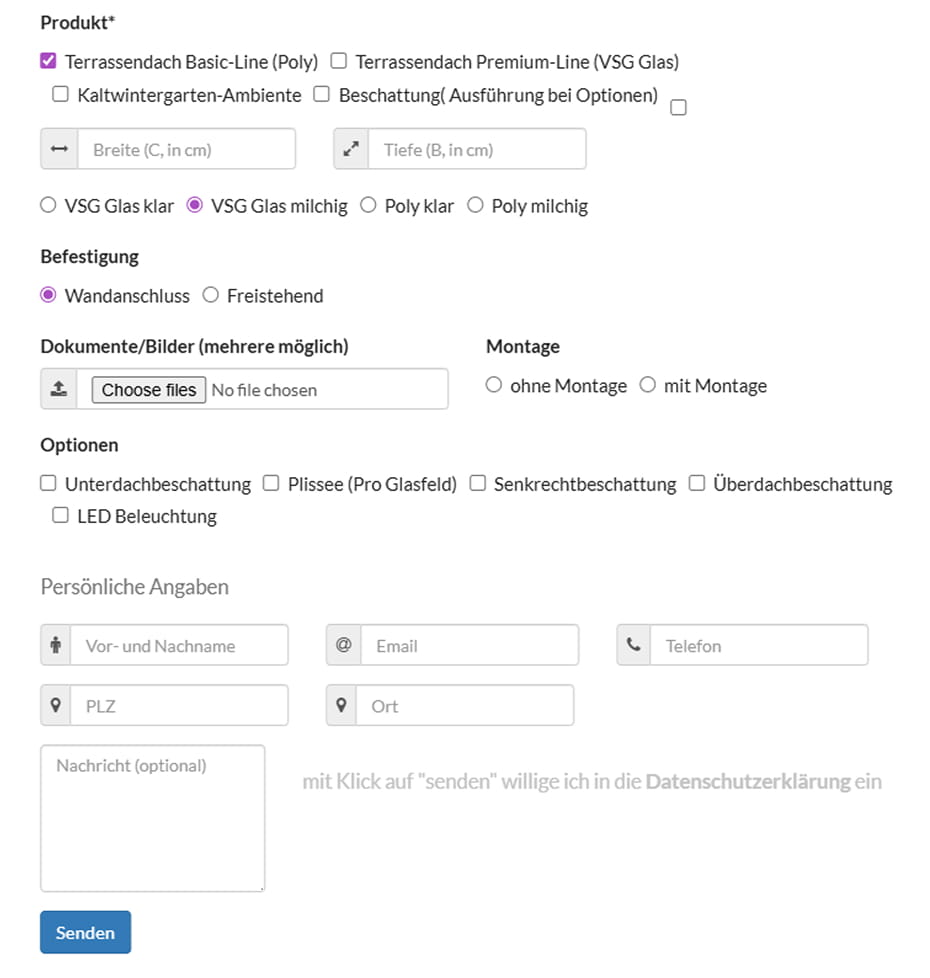 Online-Konfigurator der Terrassendach Schmiede zur Auswahl von Terrassendach, Glasart, Befestigung und Beschattungsoptionen