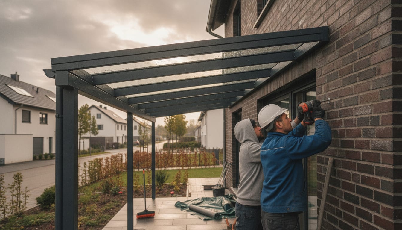 Montage einer Aluminium-Terrassenüberdachung mit Glasdach in Anthrazit an einem Reihenhaus in NRW bei bewölktem Himmel